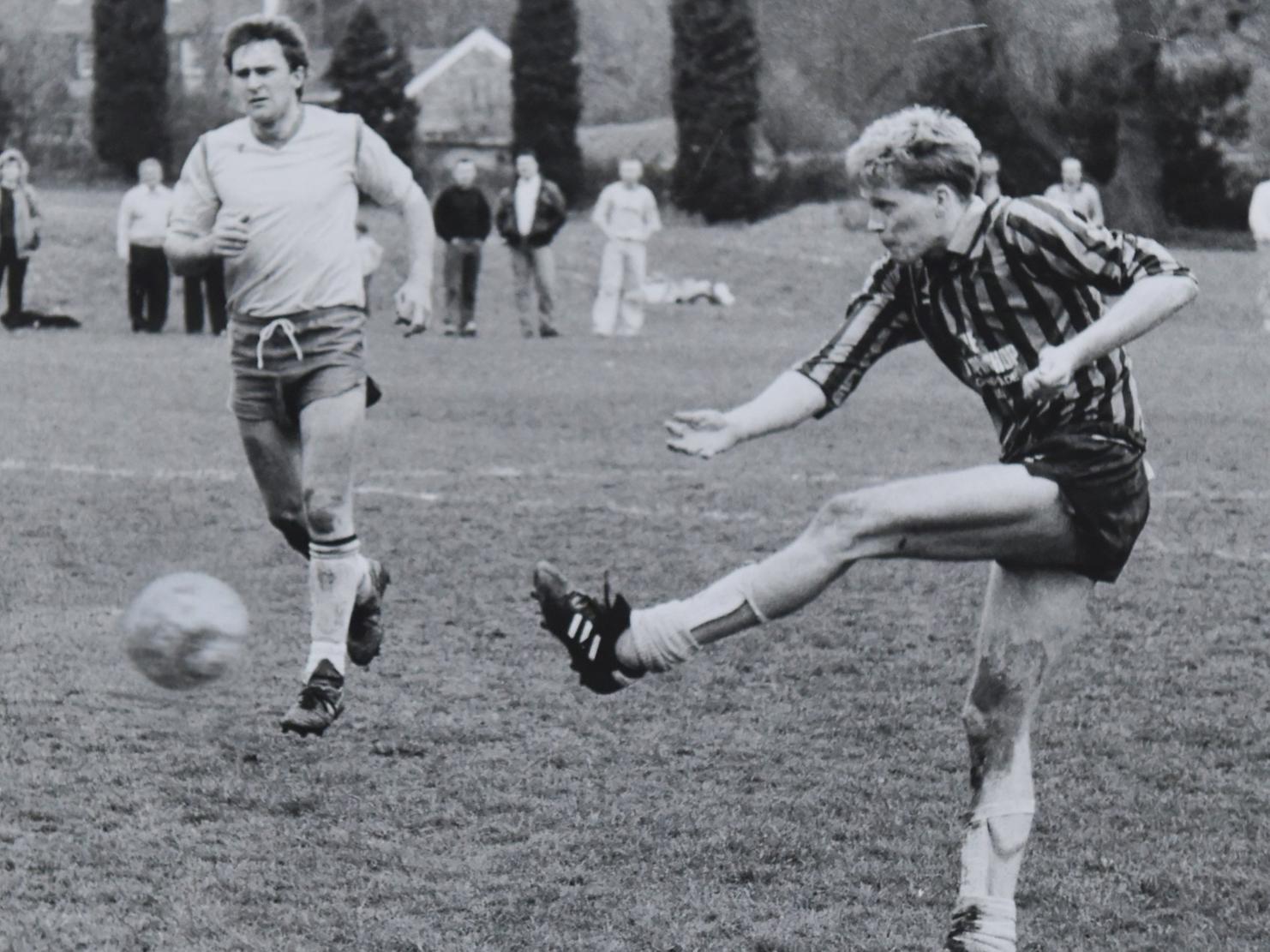 True Briton captain Martin Perry scores against Mulberry in the Leeds Combination League Luty Cup final. His side won 3-1.