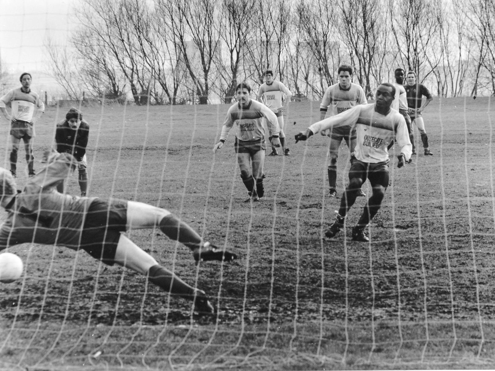Spot on - Ian Noteman fires home from the penalty spot for Prince Philip against White Hart.