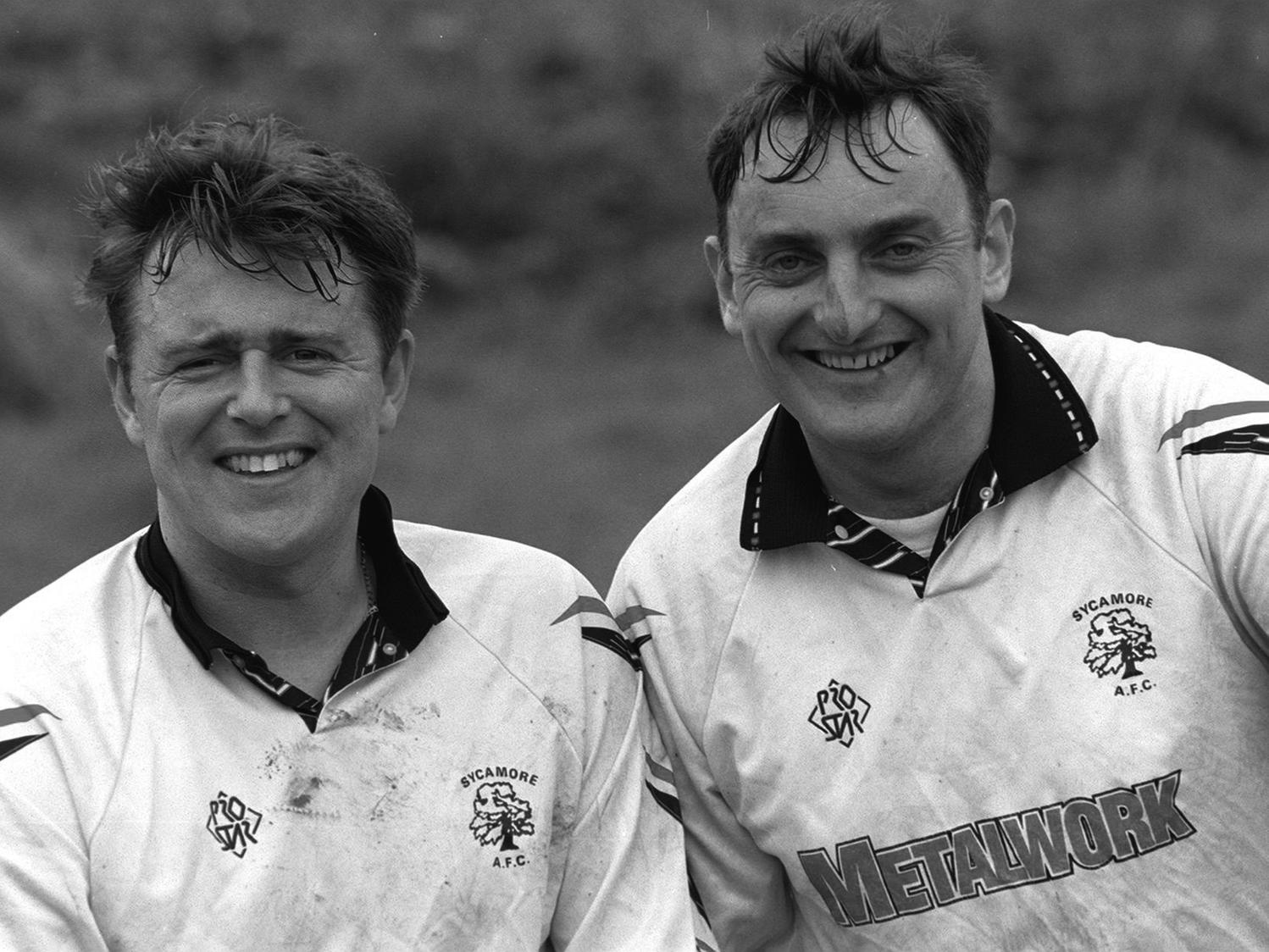 Winning smiles from Duane Percival, and Gary Woolven of Morley Mercantile after they had scored the goals in the 2-0 victory against Horse and Groom.