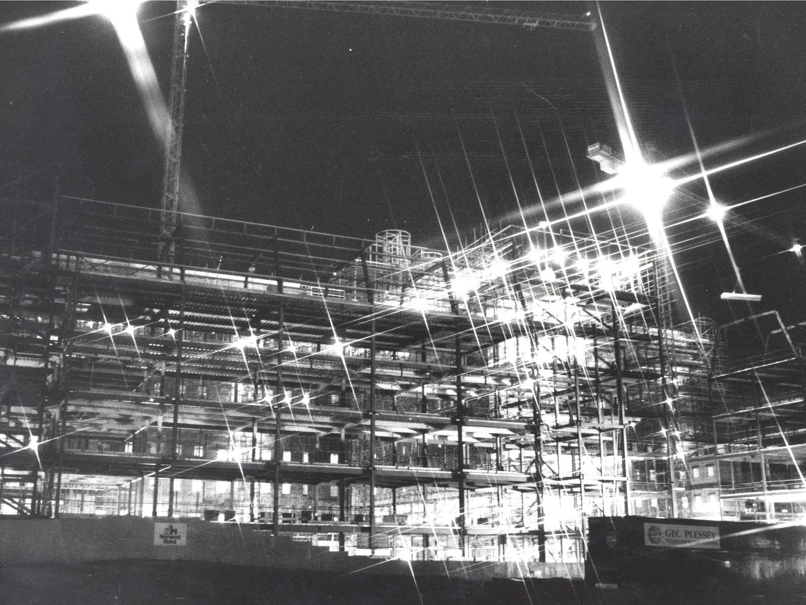 A special camera lens adds a sparkle to this night time view of Quarry House when under construction in November 1991.