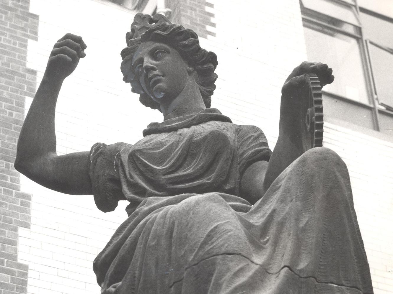 A statue on Park Row in Leeds city centre which was threatened with being reduced to rubble in the late 1960s.