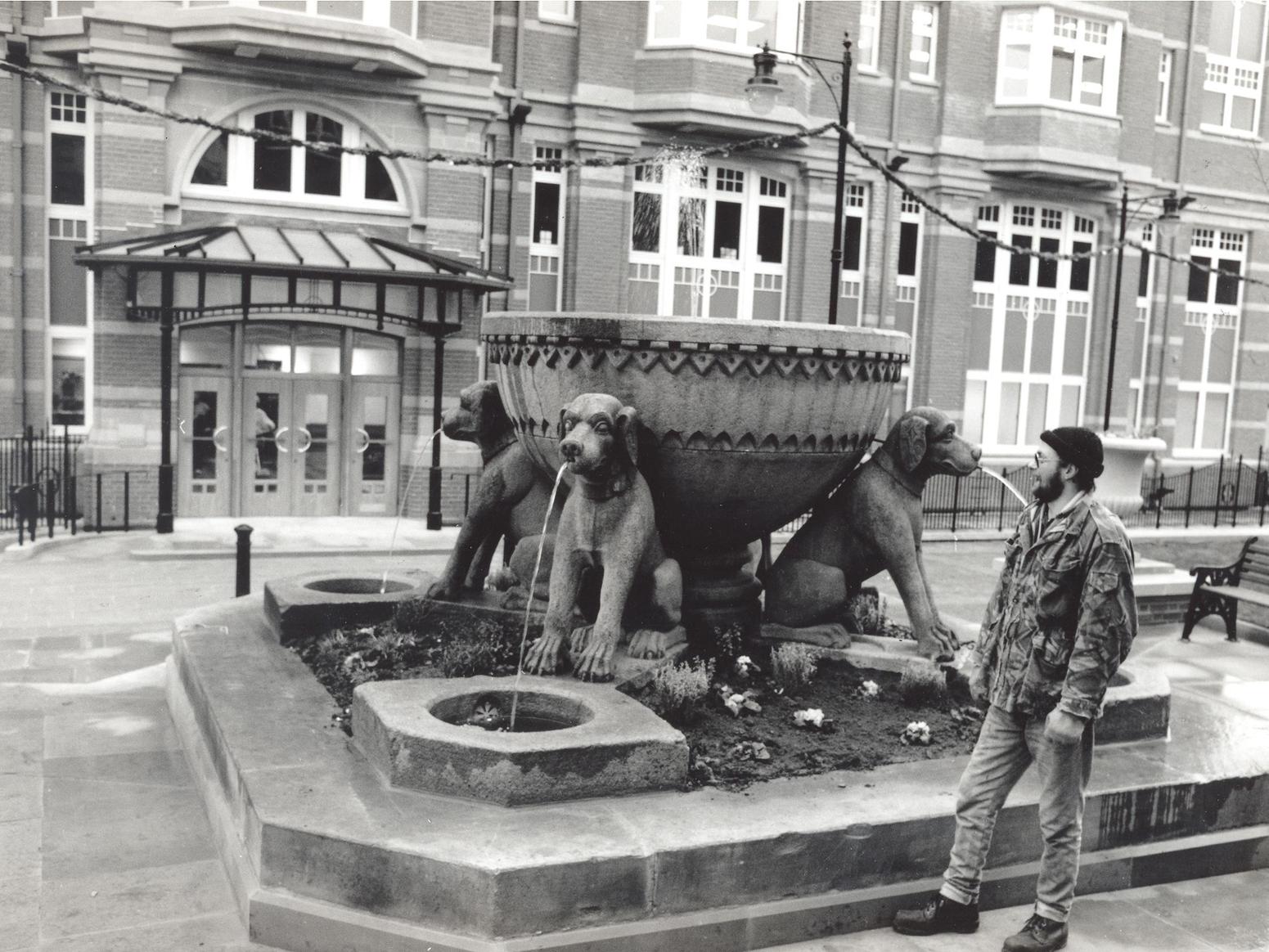 This eight foot reclaimed Victorian fountain with four massive stone dogs was the centrepiece of a Boar Lane office development, one the site of the former Trevelyan Temperance Hotel.