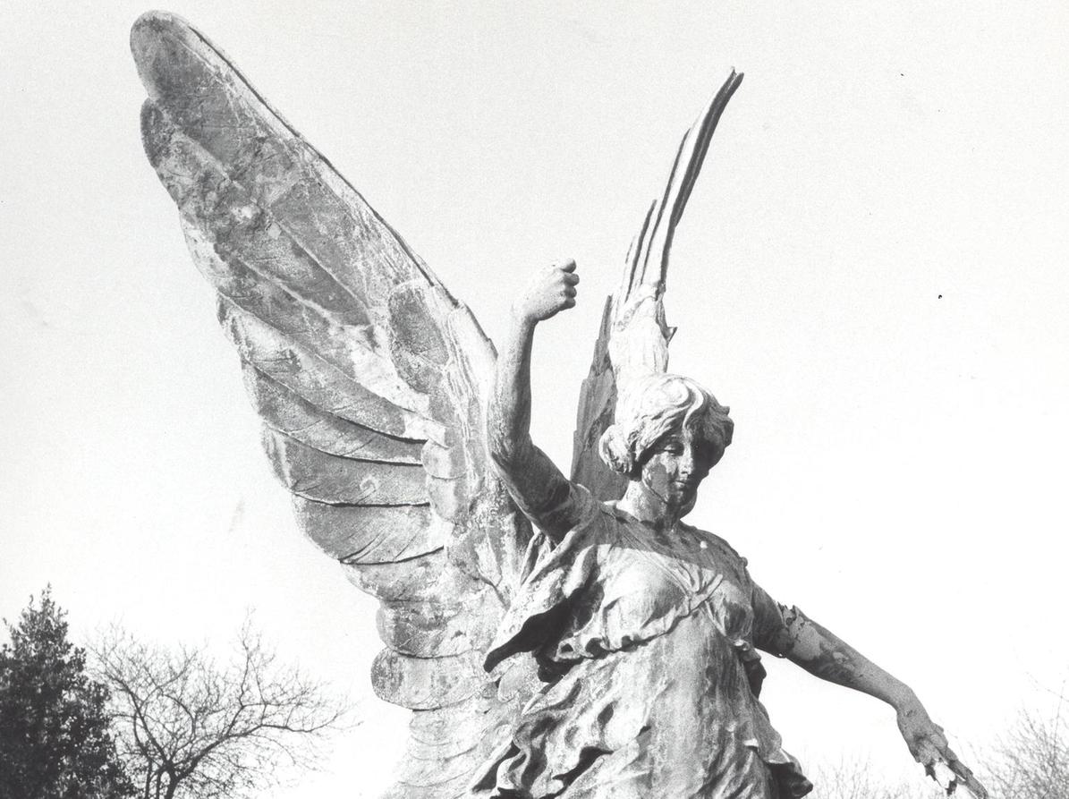 This is the Victory statue located in the grounds of Cottingley crematorium. It was originally on the city's War Memorial but was removed in 1965 after a passer-by saw her wobbling in a gale.