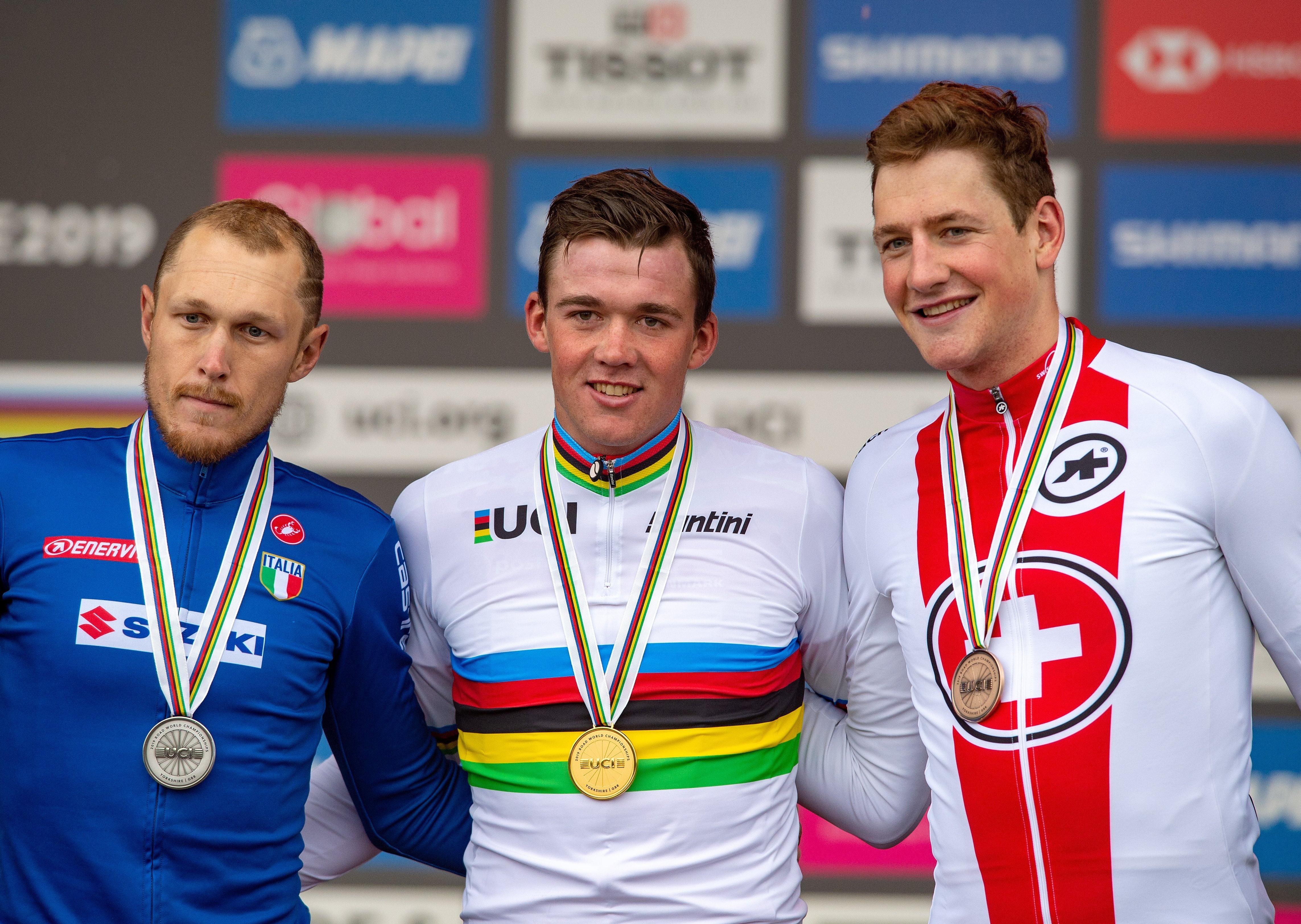 Mads Pedersen, Denmark, wins the UCI Elite Men's Road Race from Matteo Trentin, Italy, silver, and Switzerland's Stefan Kung, bronze.