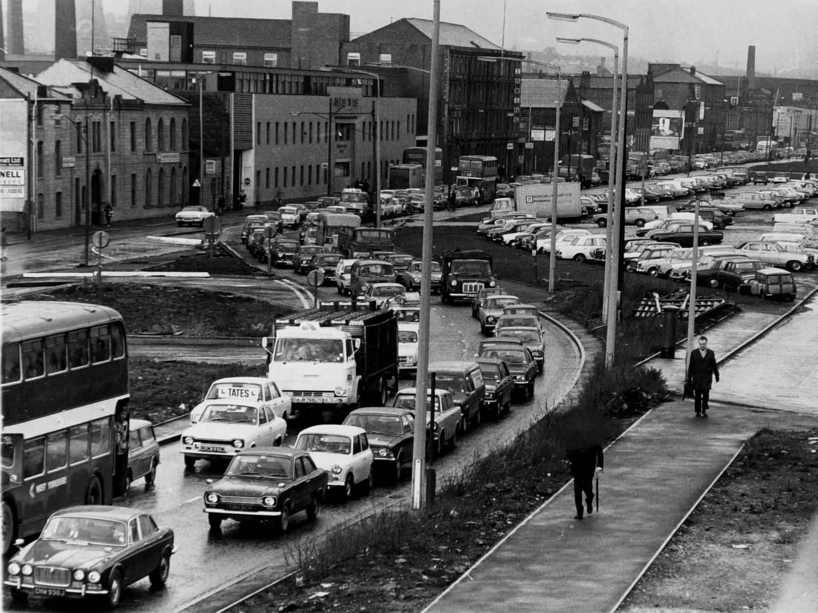 Queing traffic along Kirkstall Road in the mid-1970s.
