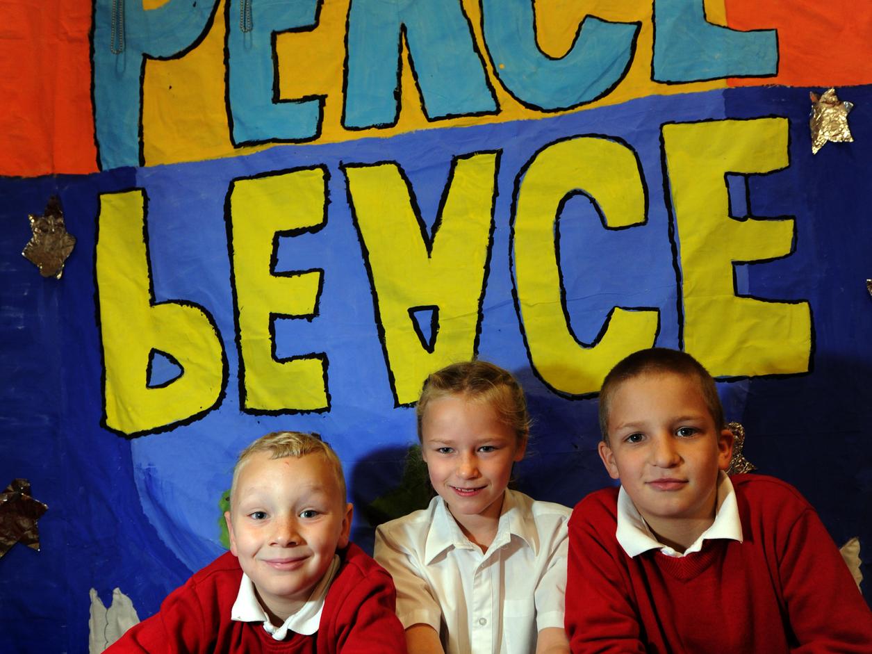 Pupils from Meadowfield Primary School took part in an art project on the theme of Peace and Conflict. Pictured are Year 3 pupils, (from the left) Kai Tongue, Ella Joynson and Billy Etherington with their peace banner.