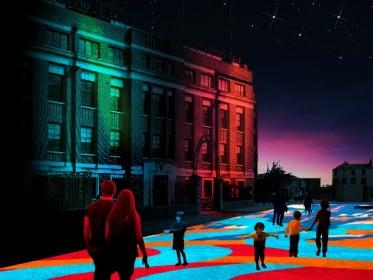 Pleasance, The Tetley. The colourful and immersive animated street projection inspired by the hundreds of new trees, acres of green space, new homes, offices, restaurants and cafes that Aire Park will bring to the South Bank.