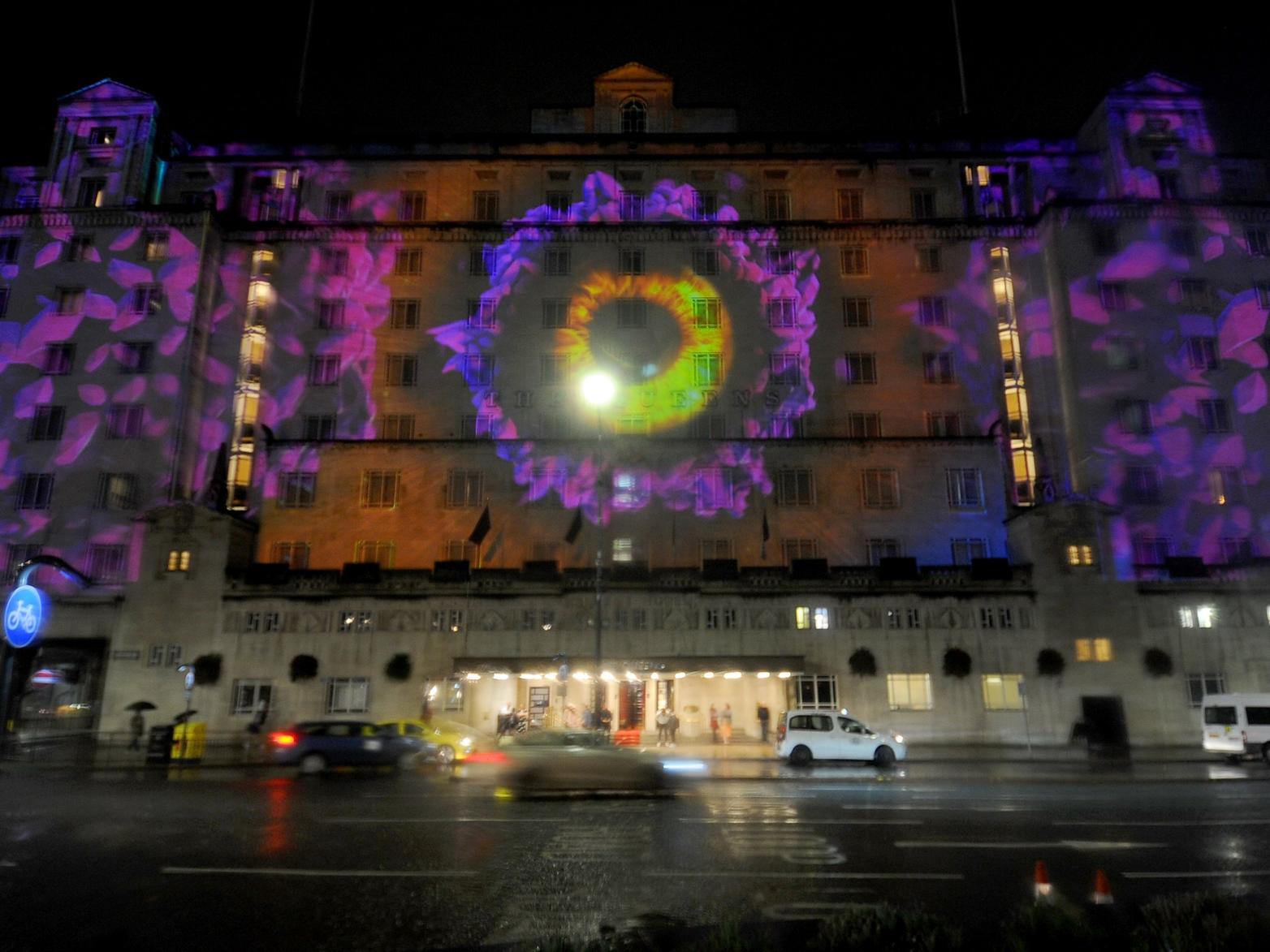 Leeds' most famous hotel lit up.