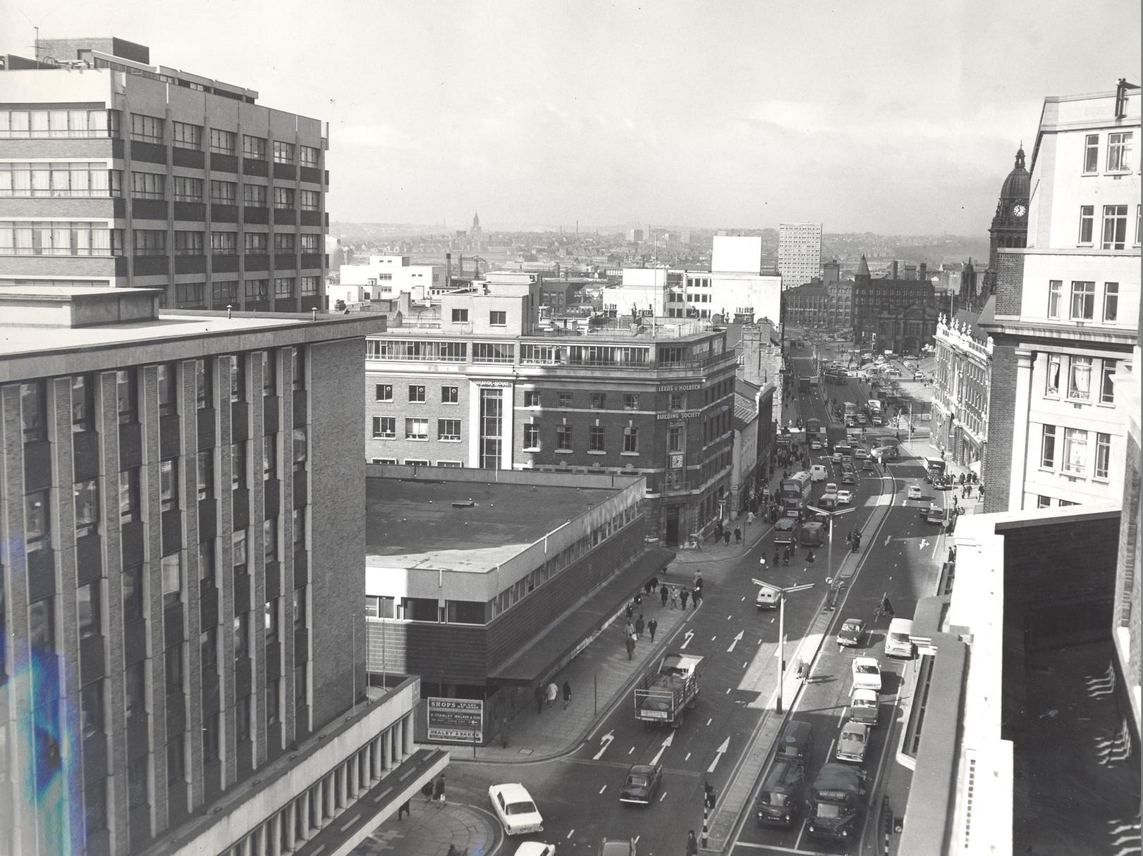 A view of The Headrow towards Leeds Town Hall from the top of the Lewis's store.