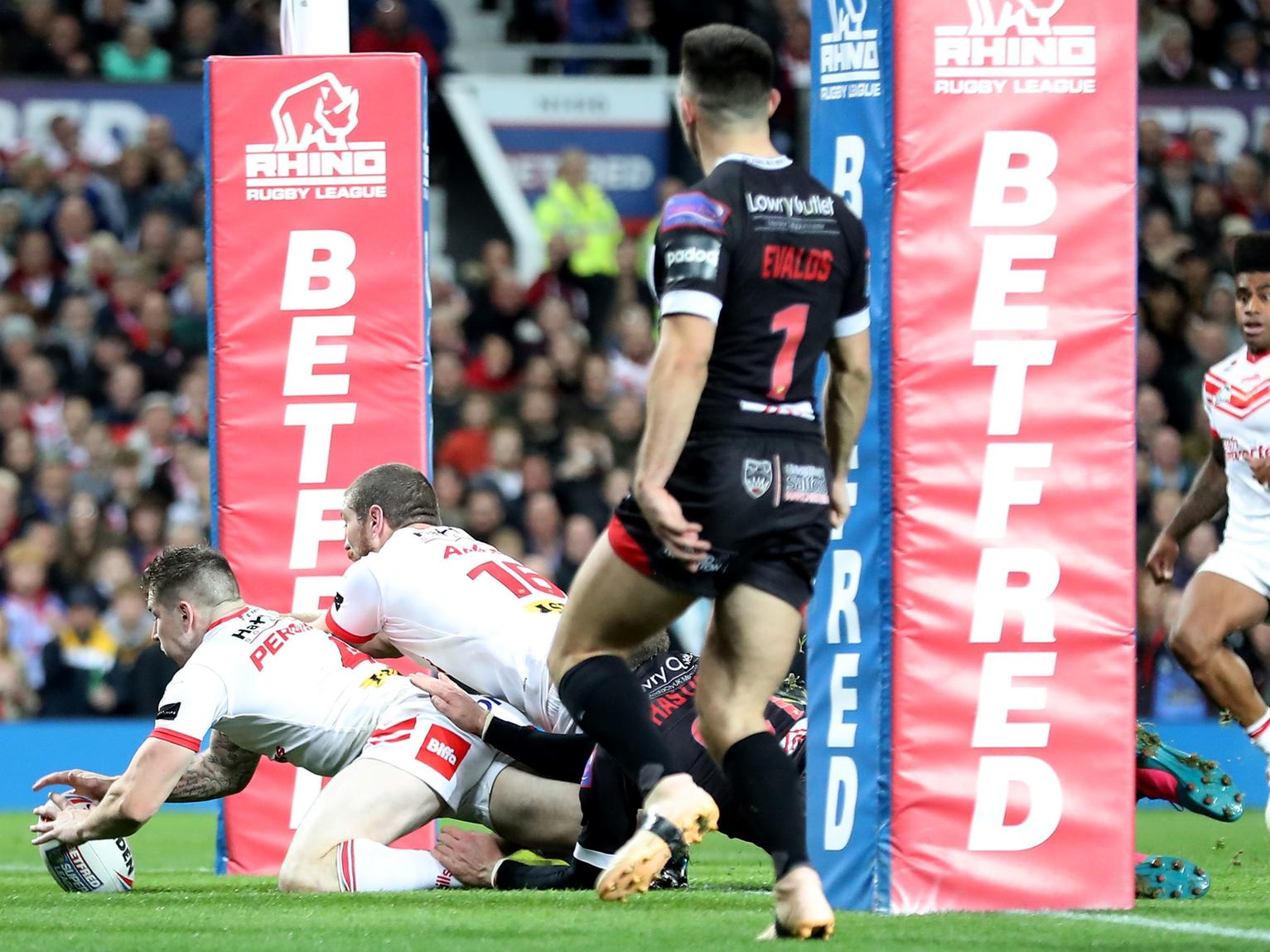 Mark Percival scores Saints' third try. Picture: Martin Rickett/PA Wire.