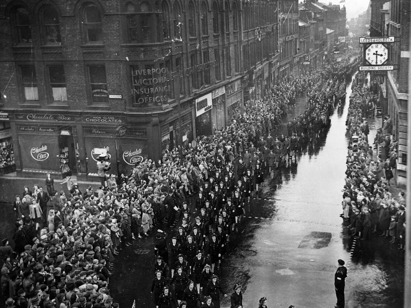 The Leeds Victory Parade looking from The Headrow down Albion Street.