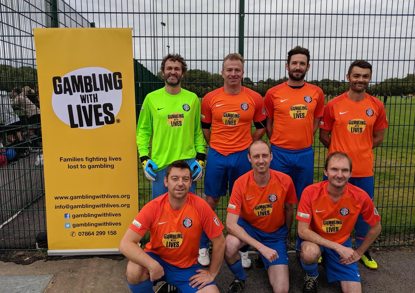 Headingley AFC in their Gambling With Lives charity shirts, in tribute to Lewis Keogh