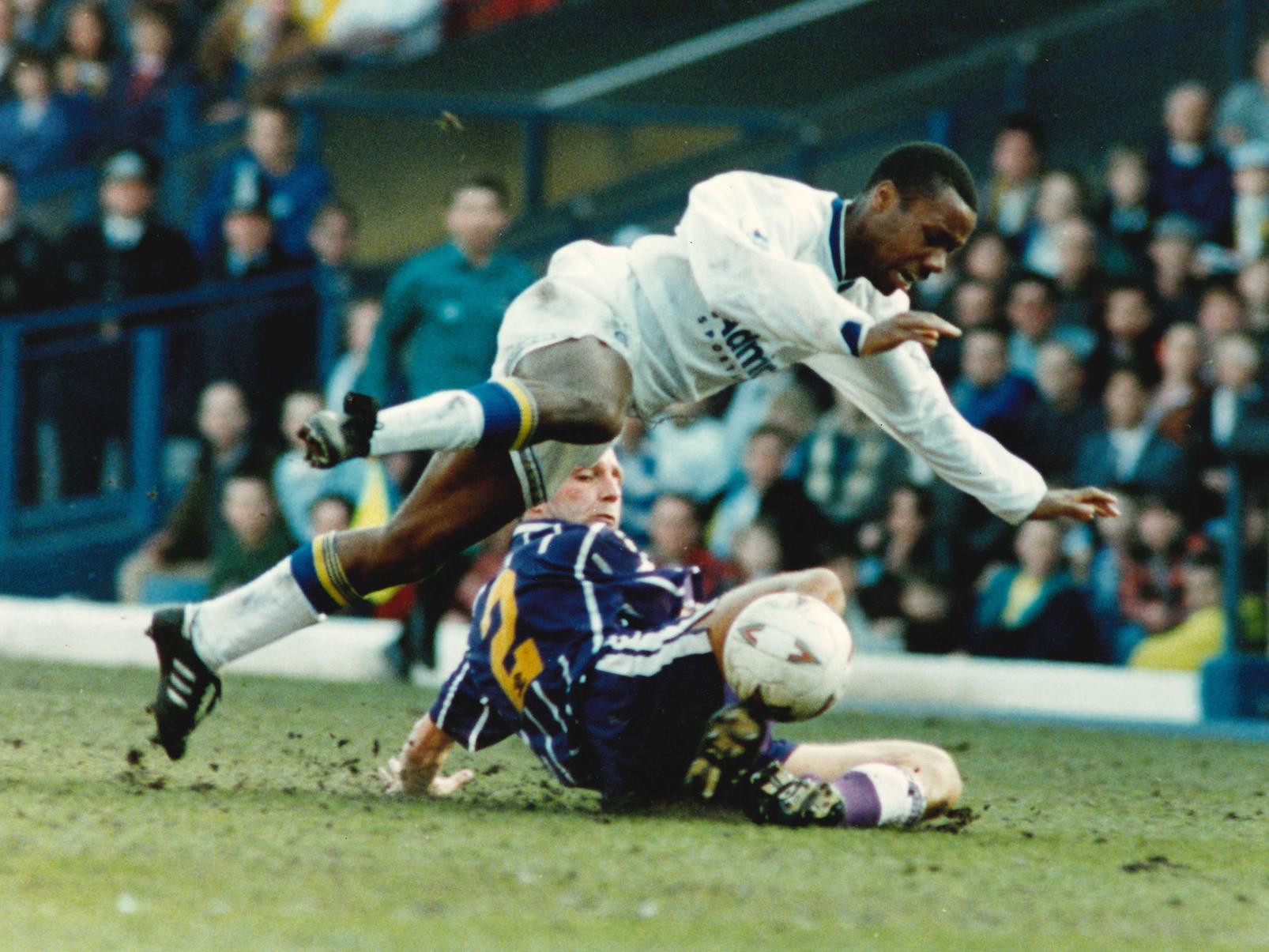 Rod Wallace is airborne as he goes over Manchester City full back Andy Hill.