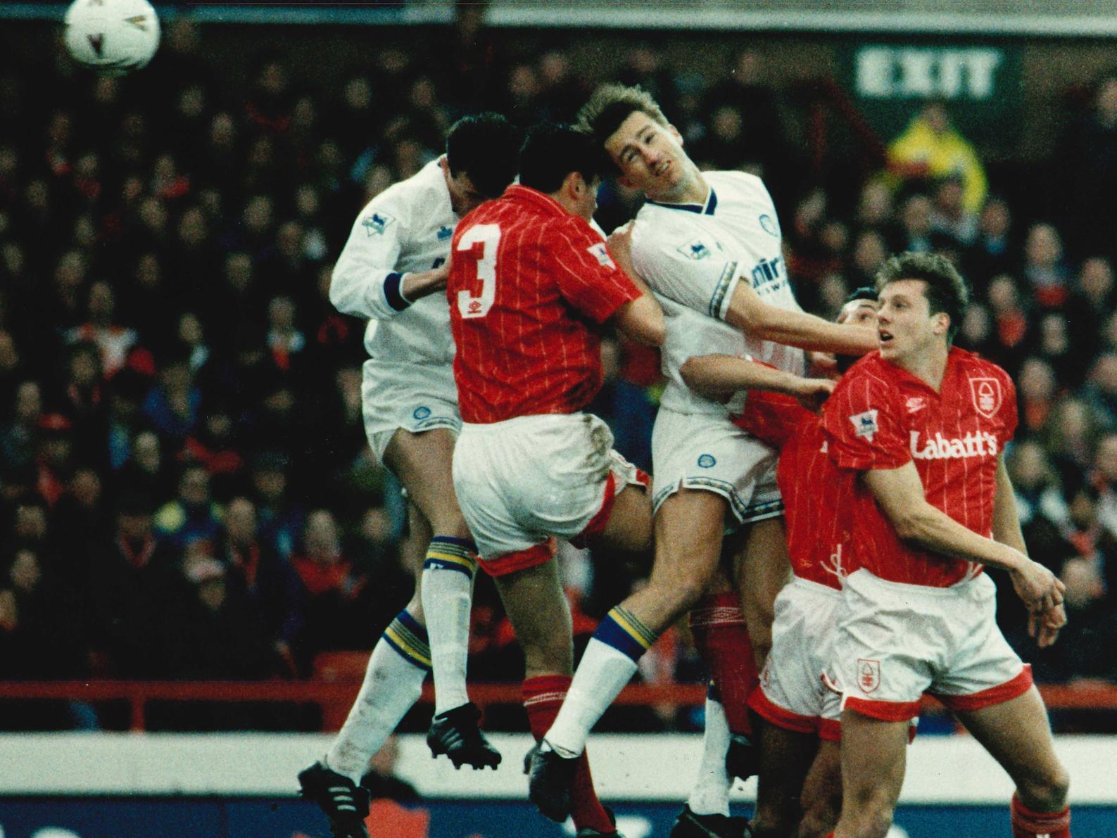 From left to right, Gary Speed, Steve Chettle, Lee Chapman, Gary Charles and Carl Tyler are jumping to it during the Premier League clash at the City Ground.