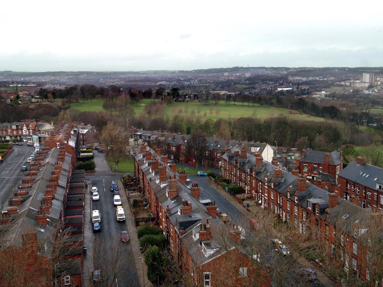 The streets of Armley and Gotts Park viewed from the top of the tower of Christ Church.