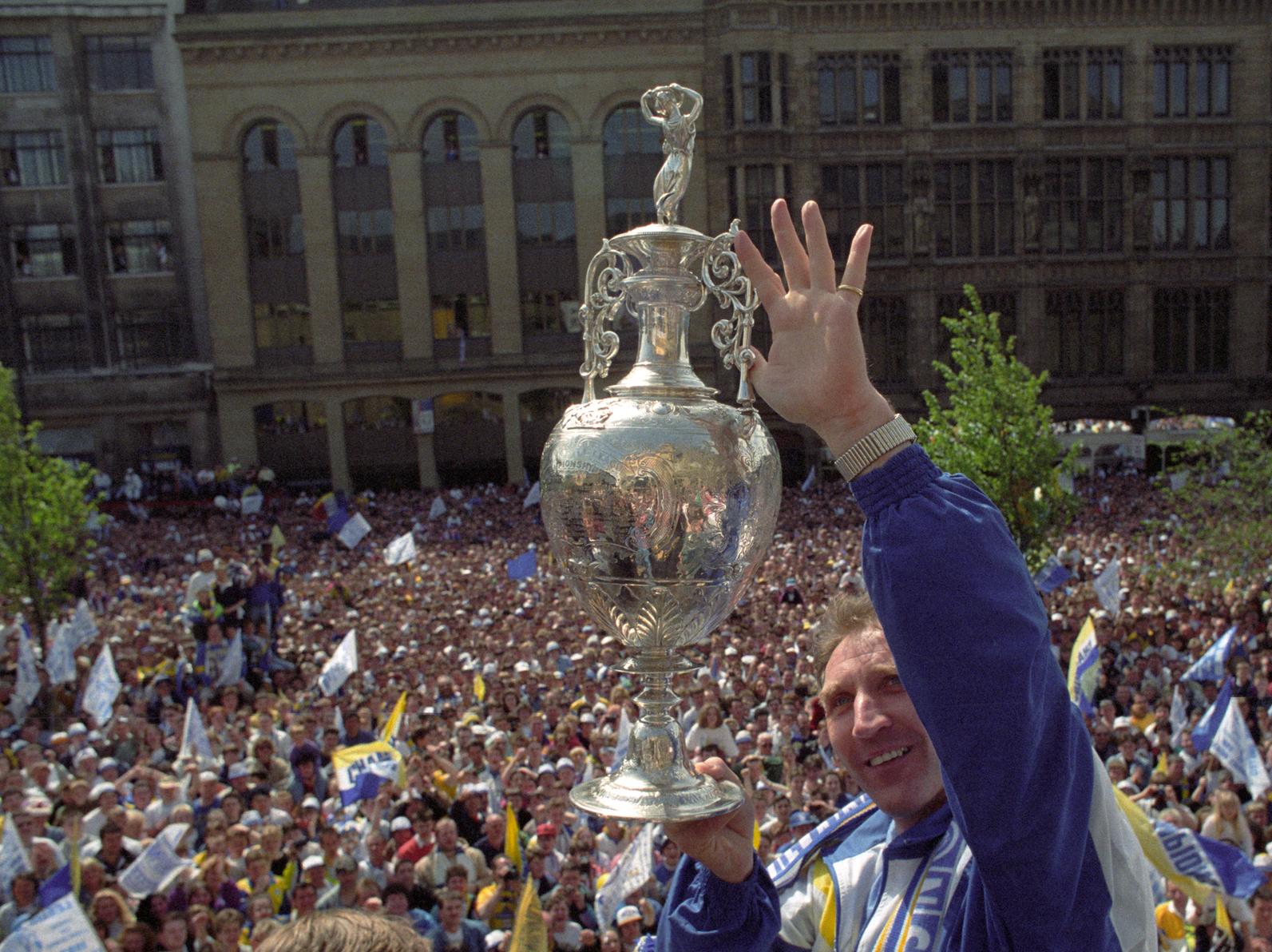 Howard Wilkinson, with the Division One trophy in Leeds city centre in 1992.