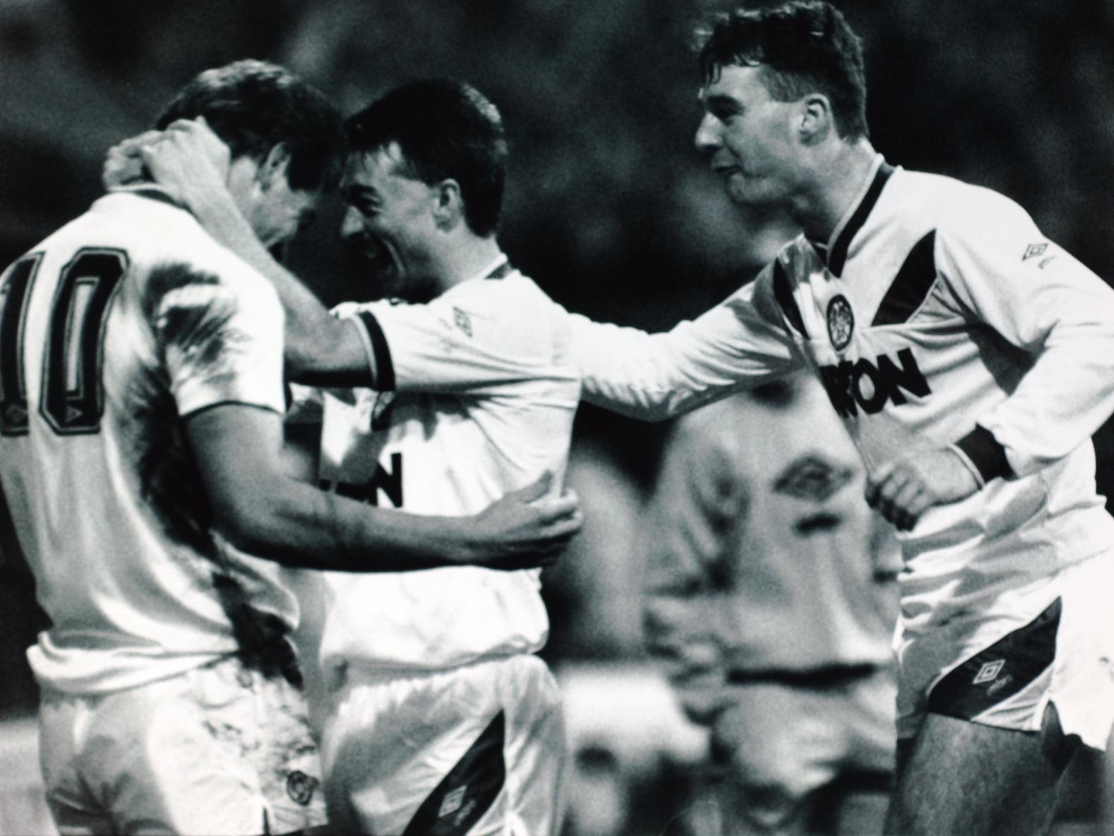 John Sheridan, right and Glynn Snodin, centre, are now manager and assistant manager respectively at Chesterfield. They were Leeds team-mates and present at the centenary ball (Pic: Bruce Rollinson)