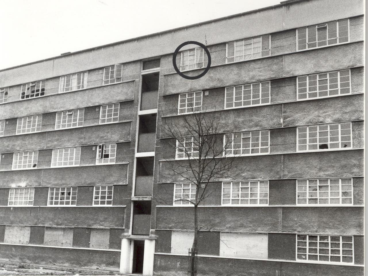 York House where by spring 1977 Mr and Mrs Doughty were the only tenants. The window (circled) is their flat.