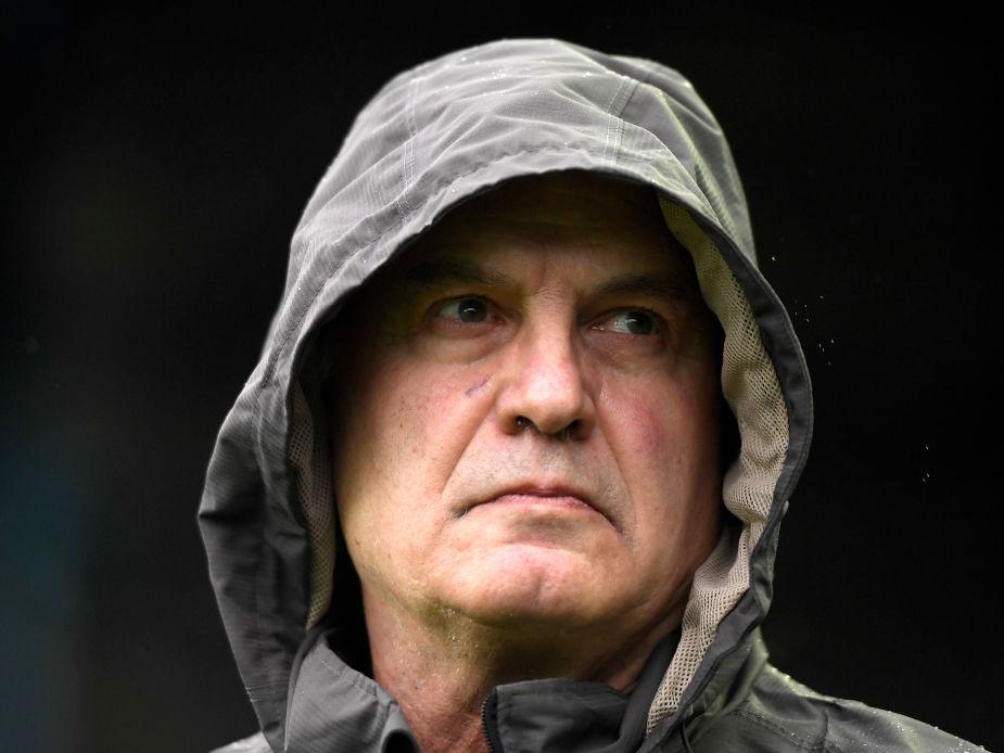 Leeds United head coach Marcelo Bielsa watches on in the rain during the 1-1 draw with Sheffield Wednesday.