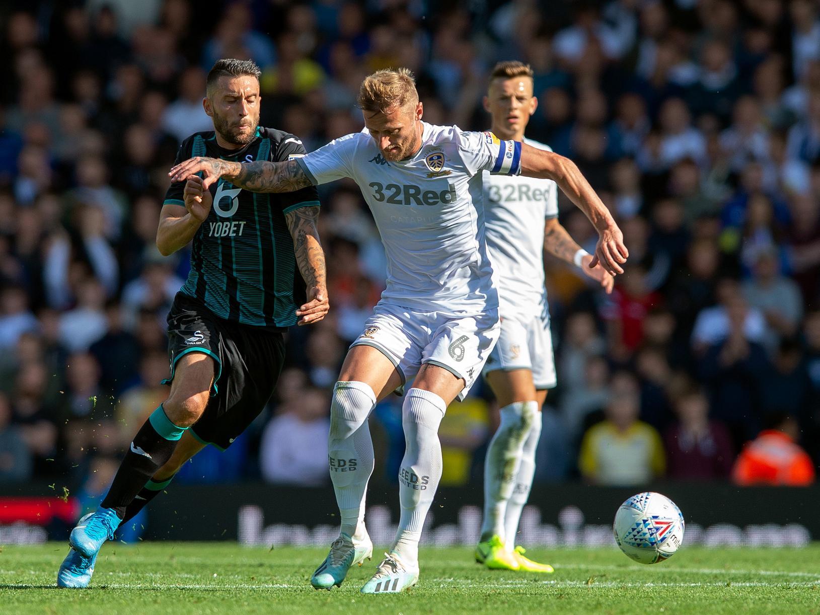 DREAM TEAM: Ben White looks on as Liam Cooper challenges Swansea City's Borja Baston. Picture by Bruce Rollinson.