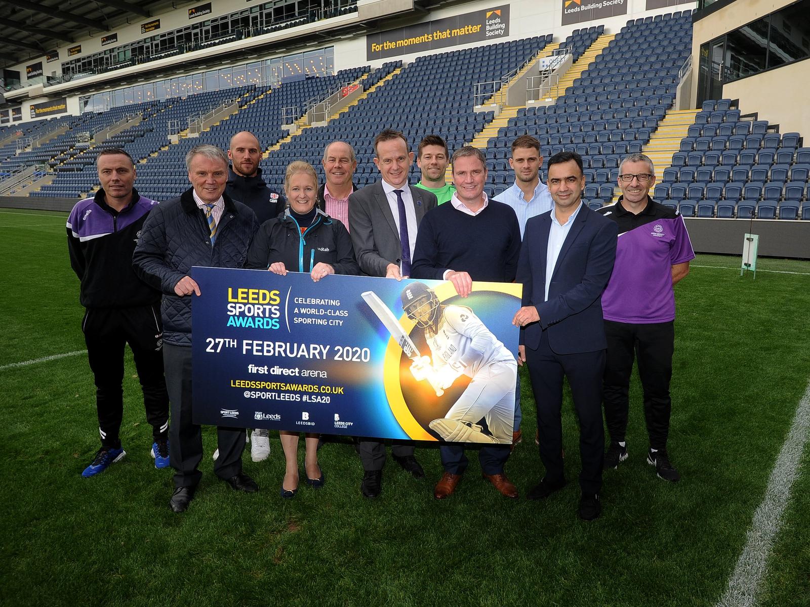 The launch of the Leeds Sports Awards.
Back row:
Andy Henderson - Athletics Head Coach (Leeds Beckett)
Tom Bishop British Triathlete
Peter Smith Chair of Sport Leeds
Dan Hardy Head of Rugby (Leeds City College)
Ryan Grant Head of Marketing (Leeds City College)
Front Row:
Gary Hetherington Chief Executive, Leeds Rhinos
Sally Nickson Vice Chair of Sport Leeds
Andrew Cooper Chief Executive (LeedsBid)
Andy Dawson - Commercial Director, YCCC
Councillor Mohammed Rafique - Executive Member for Environment and Active Lifestyles,
Leeds City Council
Dr Andi Drake - Race Walking & Athletics Coach (Leeds Beckett)