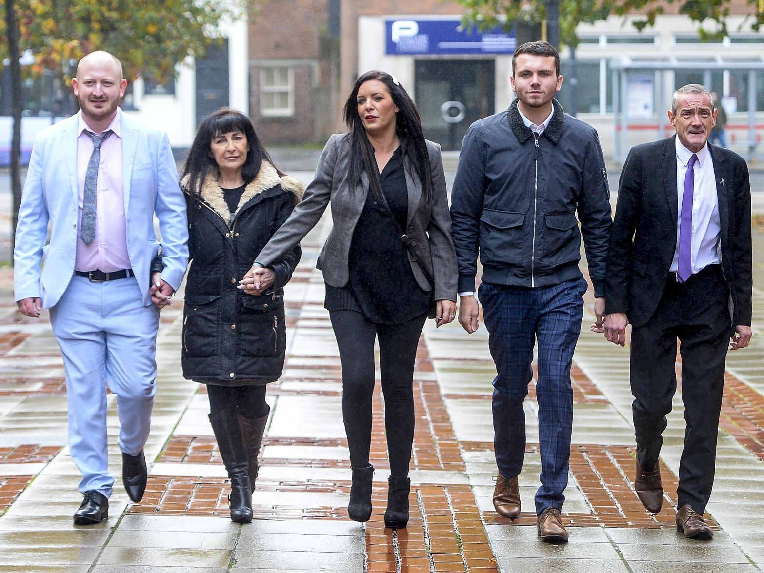 Jordan Plain, 25, Christine James-Roberts, 43, Kelly Meadows, 39, Jordan McDonald, 18 and Dean Walls, 51, all members of a paedophile hunting group arrive at Leeds Crown Court