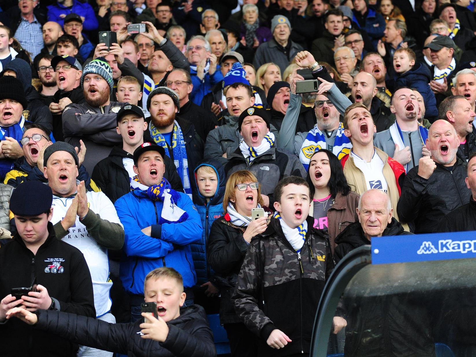 All on song as fans get behind the team during the Leeds v QPR game.
