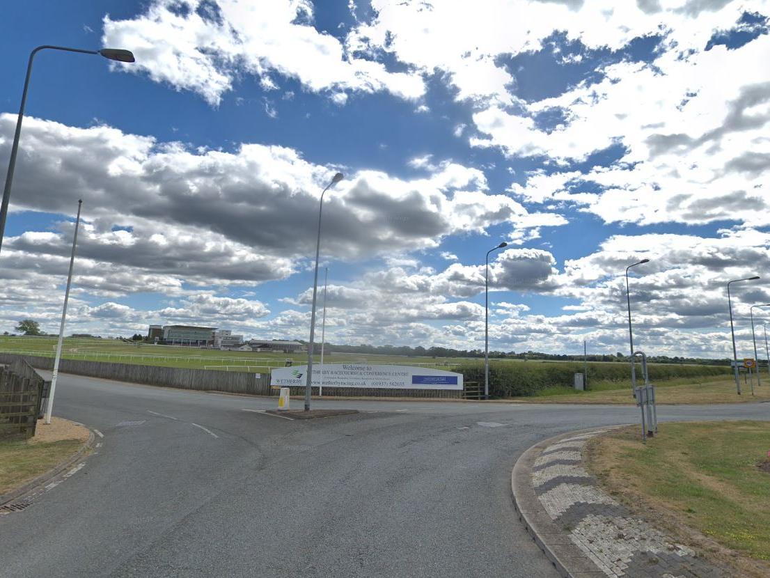 A Mercedes ploughed into two pedestrians outside Wetherby Racecourse - one of whom has died (Photo: Google)