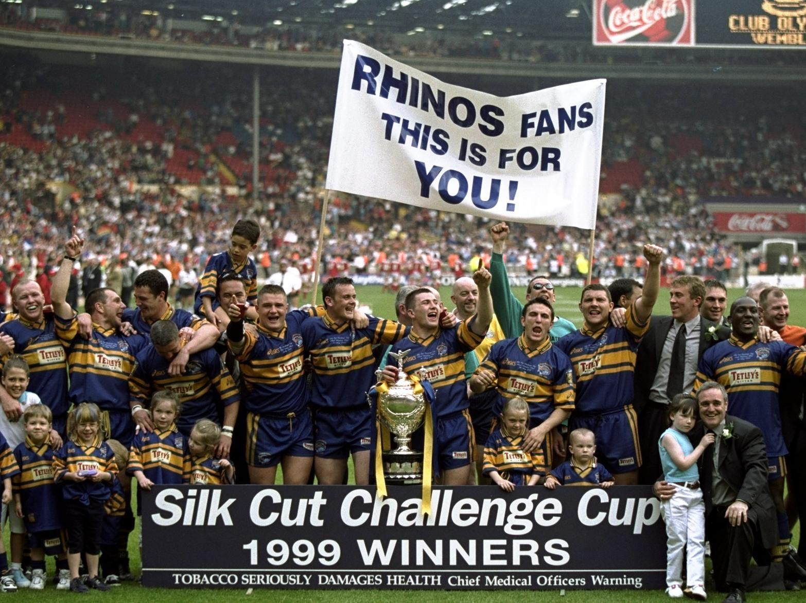 Leeds Rhinos lifted the Rugby League Challenge Cup in May 1999 after defeating London Broncos 52-16 at Wembley.