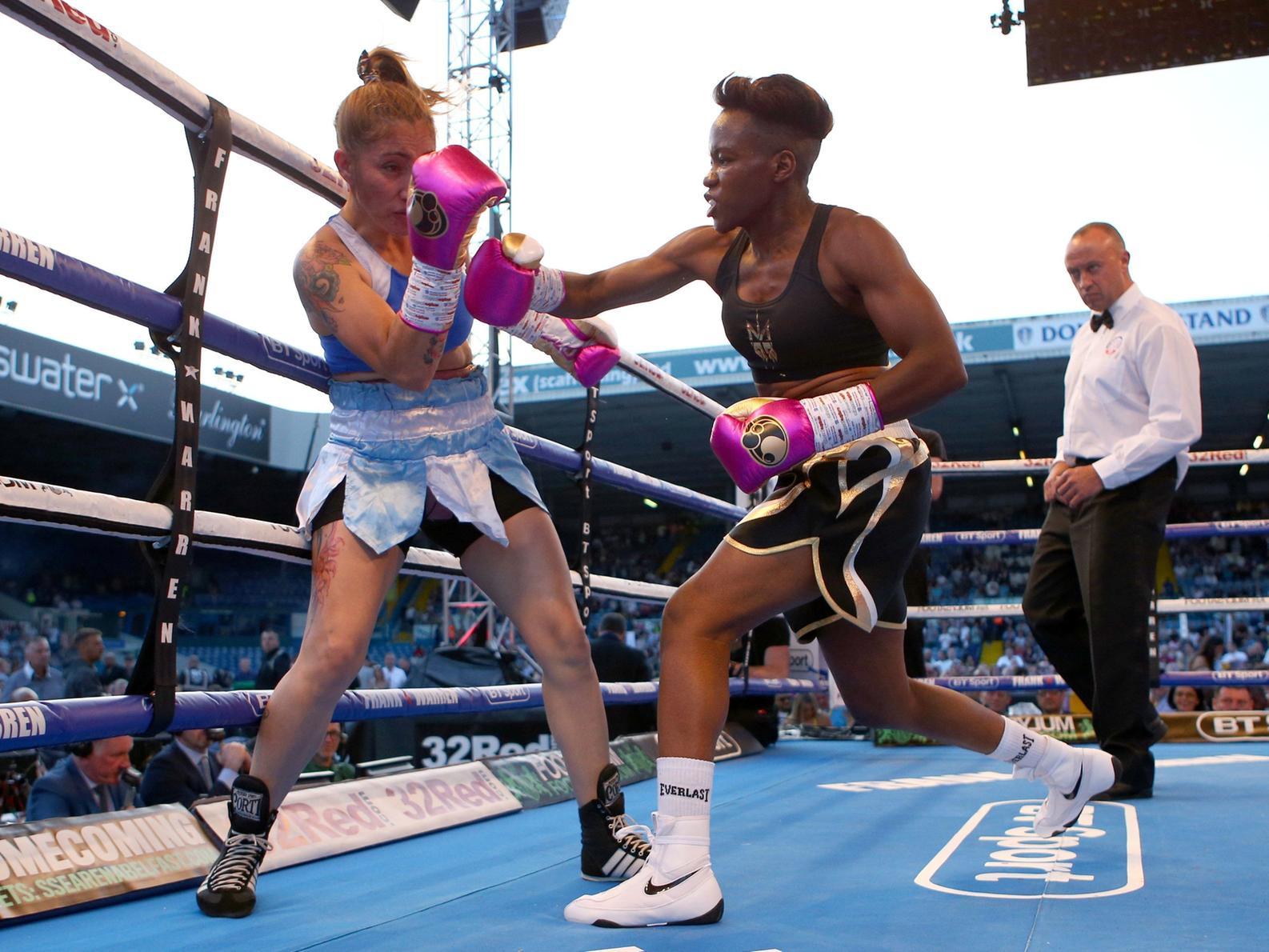 Nicola Adams (right) in action against Soledad Del Valle Frias during their International Flyweight bout at Elland Road, Leeds, May 2018. Photo credit: Dave Thompson/PA Wire.