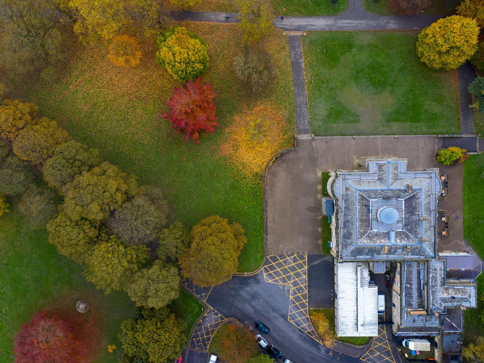 An aerial shot of The Mansion