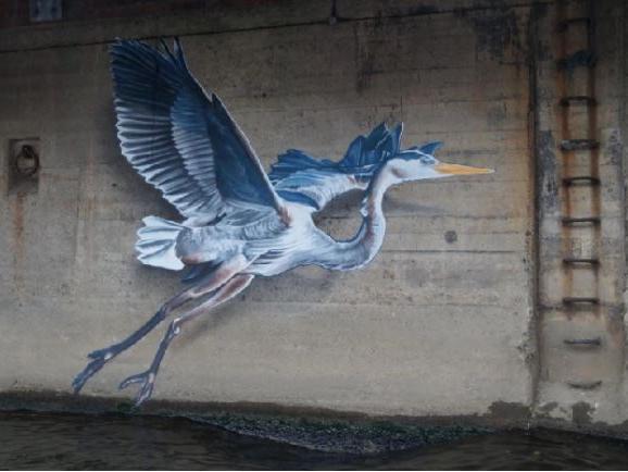Appeared on the Leeds waterfront as part of efforts to create a tourism trail. The Grey Heron is designed to be submerged and then reappear as the river level changes.