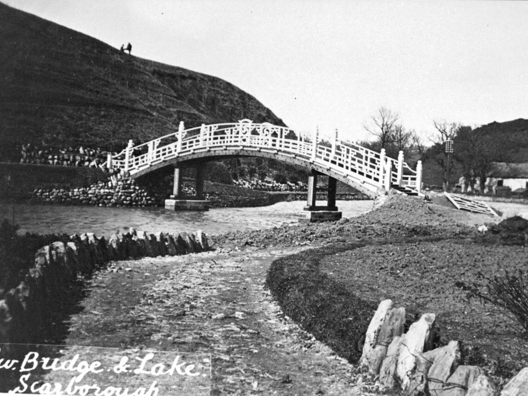 This picture is captioned 'New Bridge and Lake, Scarborough' referring to the brand new park which cost just over 2,000. The figure included investment in rowing boats and canoes as well as boathouse, bridge, shelters and seats.