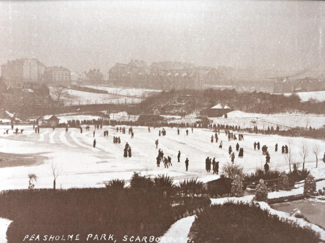 Skaters on a frozen Peasholm lake in the early 20th century.