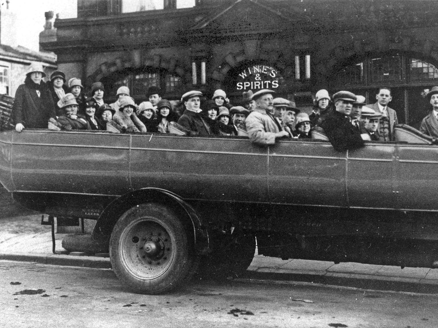 An outing from the Barley Corn pub in Armley in a bus owned by R Barr forerunners to Wallace Arnold.
