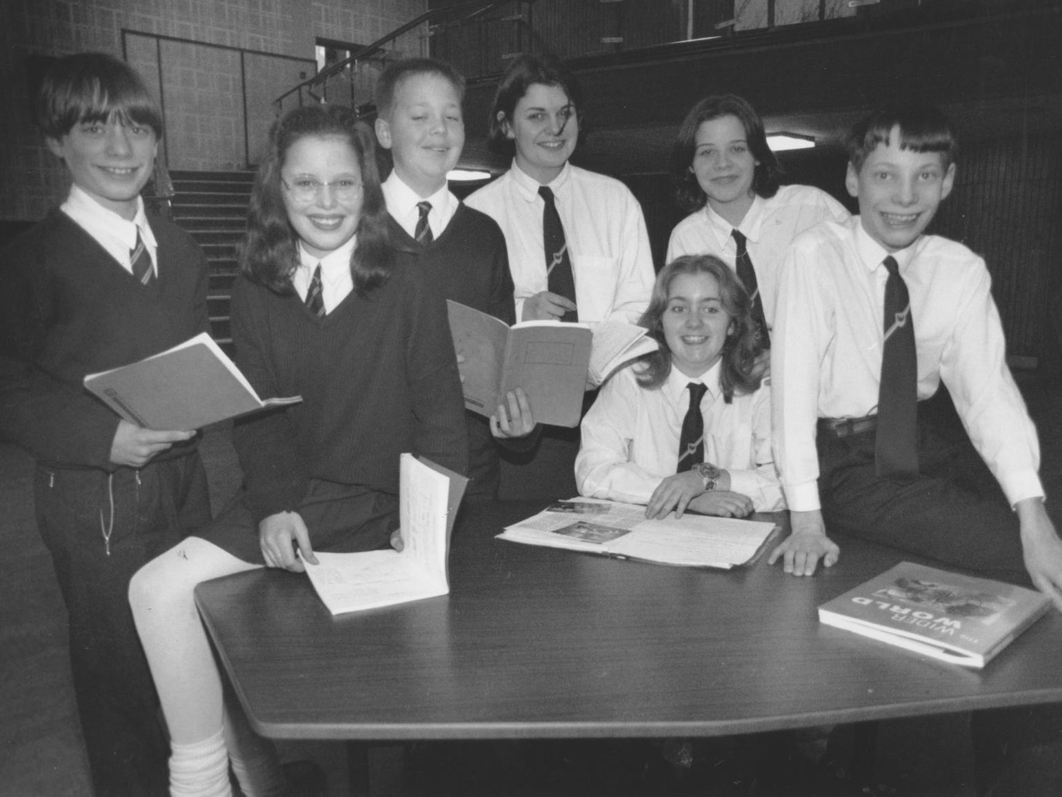 The editorial team at Graham School in March 1997. From left, Ashley Edwards, Jenny Robshaw, Jamie Davies, Kelly Andrews, Emma Fitt, seated, Lois Hurst, and Gregory Clark.
