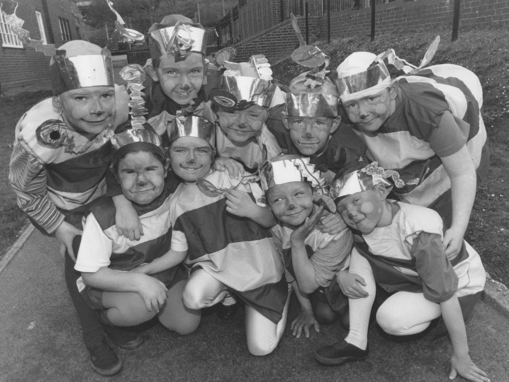 Hinderwell School were about to put on a new production back in April 1997. Pictured just buzzing around are the Bees, left to right, back, Daniel Chaplin, Maija Brown, Gareth Williams, Craig Finch, and George Prew; front, Sangita Emad, Elizabeth Birley, Andrew Sygrove, and Sophie Hill.
