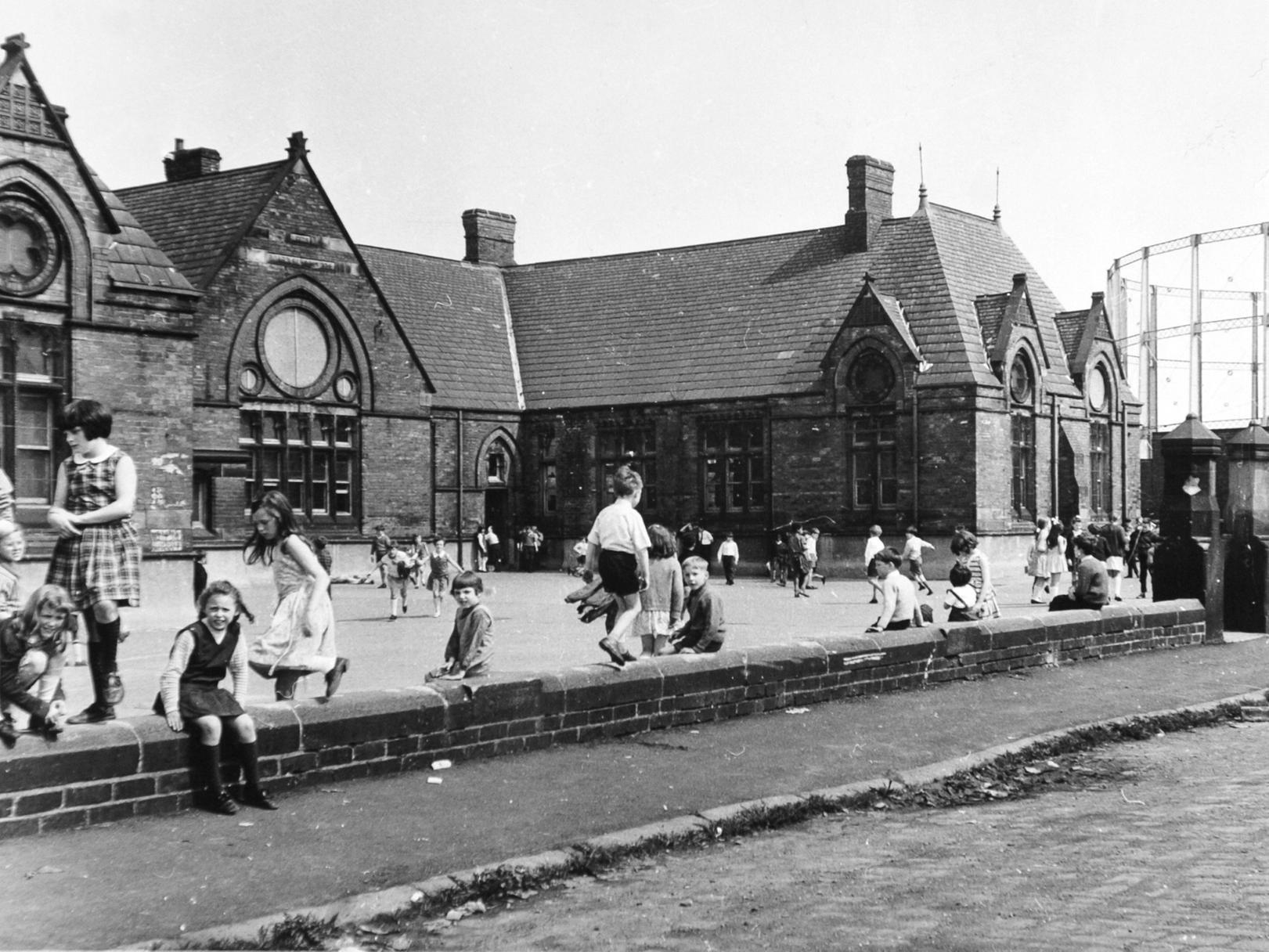 Sheepscar School. The playground with the gasometer in the background.