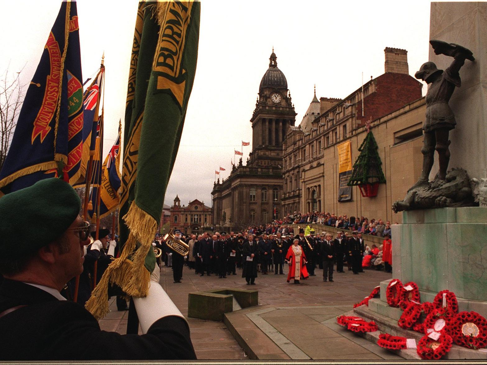 Remembrance Sunday at the war memorial on The Headrow in 1994.