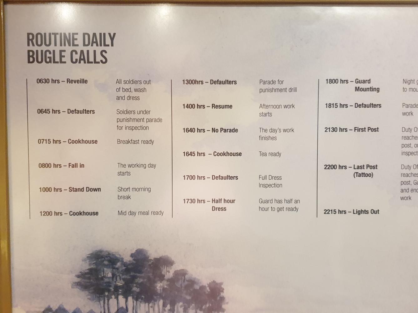 A list of routine daily bugle calls helps to illustrate daily life.