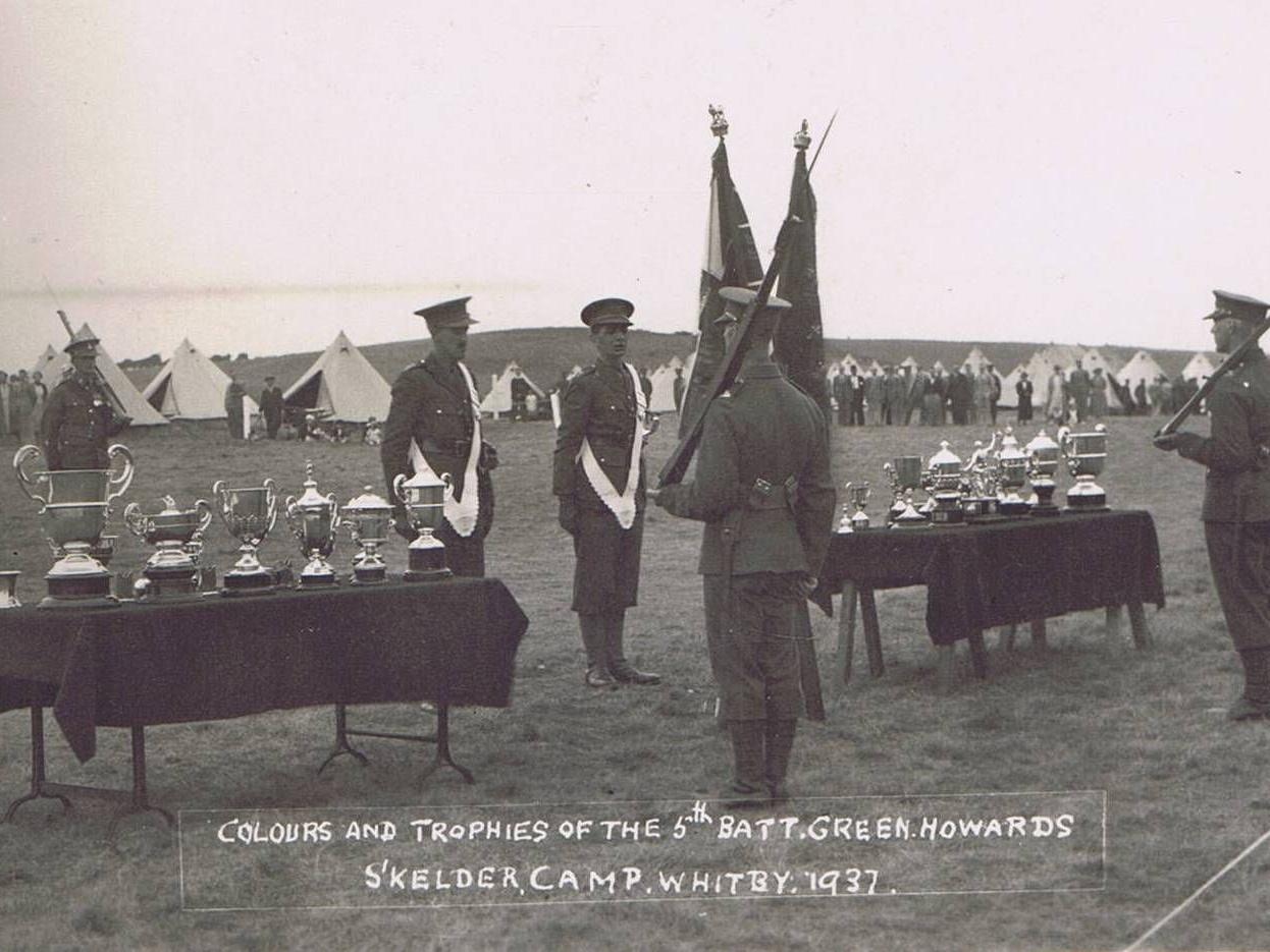 Colours and trophies of the 5th Battalion, at Skelder Camp, Whitby, 1937