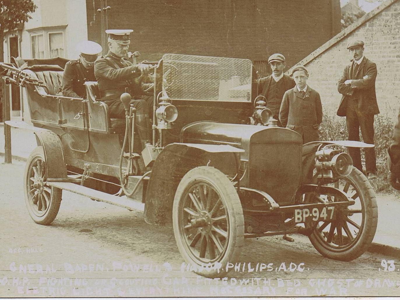 The 5th Territorial Force Battalion, with Gen. Baden Powell and Maj. Philips A.D.C. sitting in a 90 HP fighting or scouting car, fitted with bed, chest of drawers, electric light and everything necessary for war. Taken near Flanders Road, Railway Bridge, Bridlington when at annual camp in Bridlington, 4th-8th July 1908