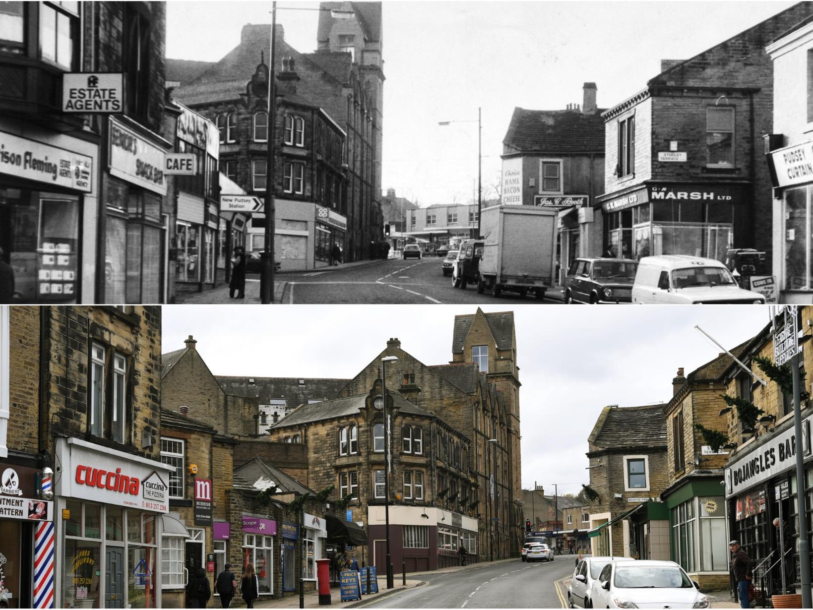 A view of Pudsey Lowtown in 1979 and 2019.