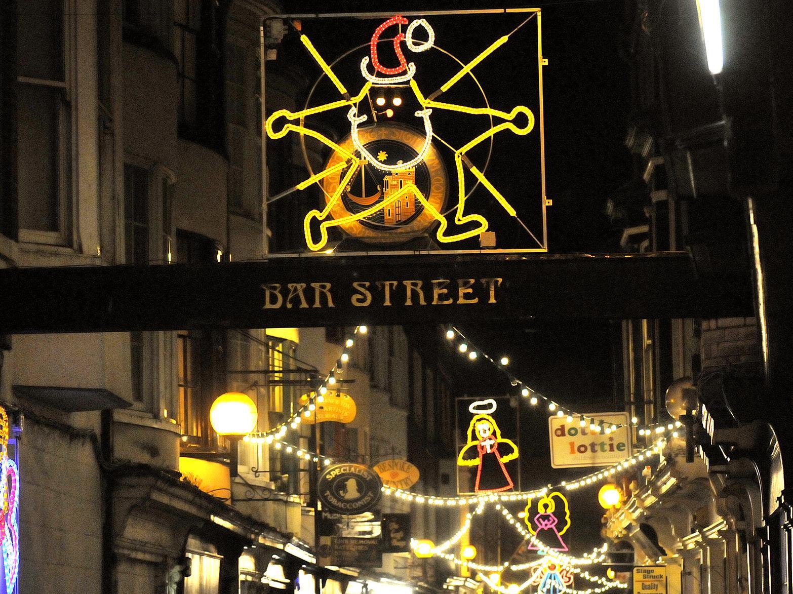 Bar Street lit up looking festive.