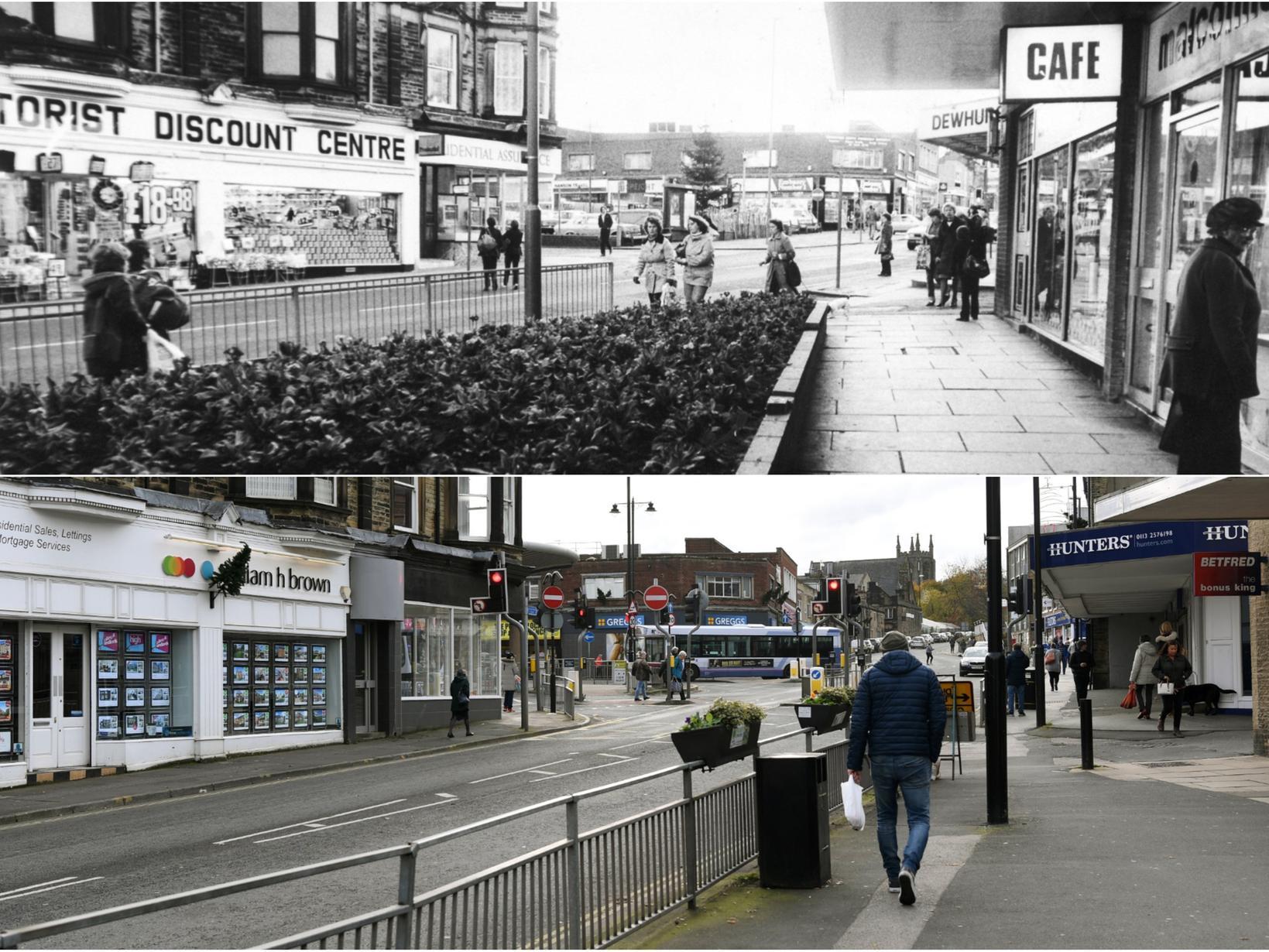 Pudsey town centre in 1981 and 2019.