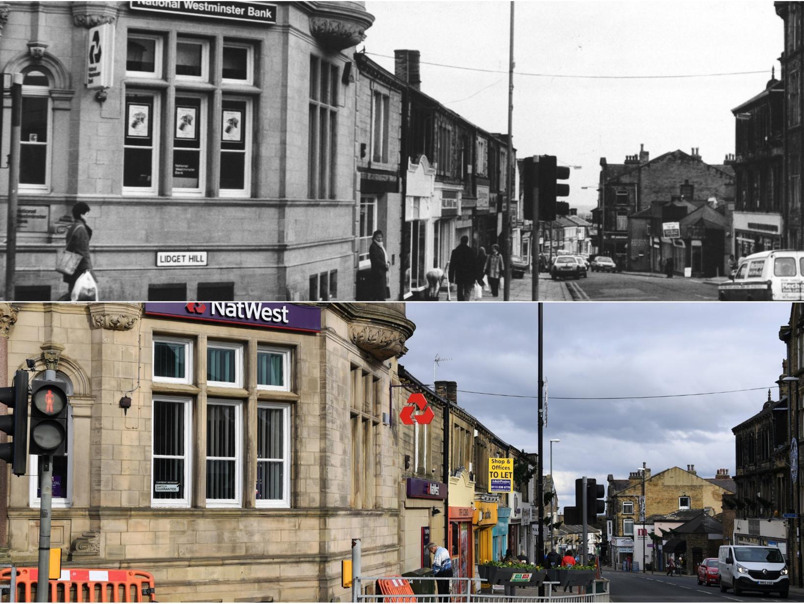 The corner of Lidget Hill looking down towards Lowtown in 1987 and 2019.