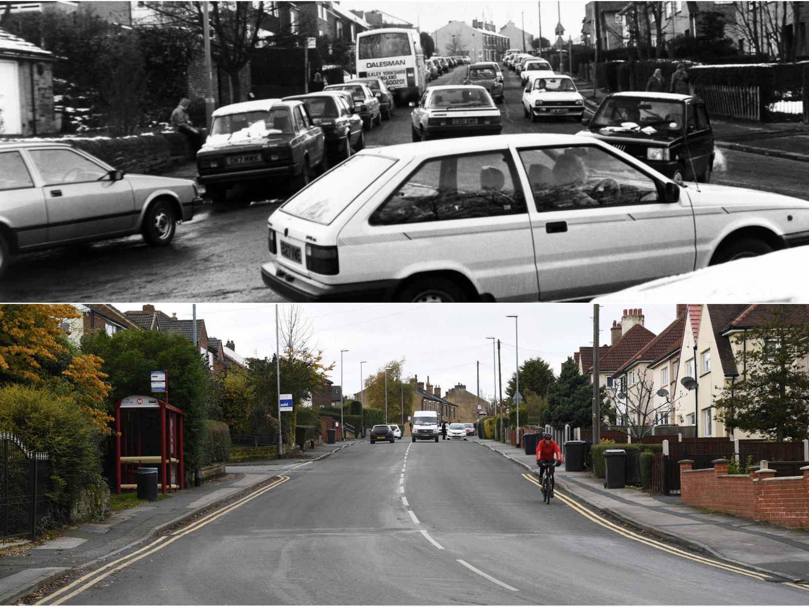 Fartown at its junction with Fulneck in 1988, as traffic builds up and vehicles park waiting to pick up pupils from Fulneck School. A very different view in 2019.