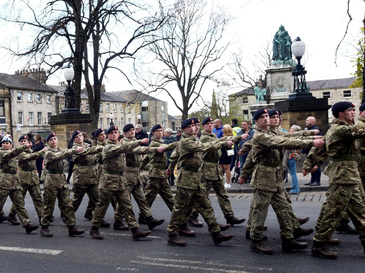A parade past Lancaster Town Hall to end the annual Remembrance Day service and commemorations in Lancaster city centre. Photo by Michelle Adamson.