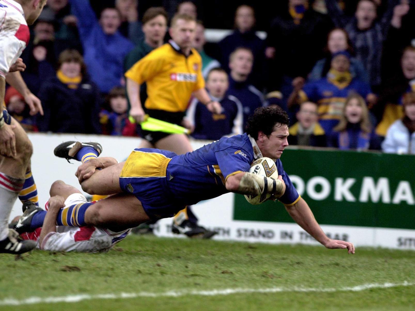 Adrian Morley goes over to score the winning try for Leeds Rhinos against St Helens in the fifth round of the Silk Cut Challenge Cup at Headingley.
