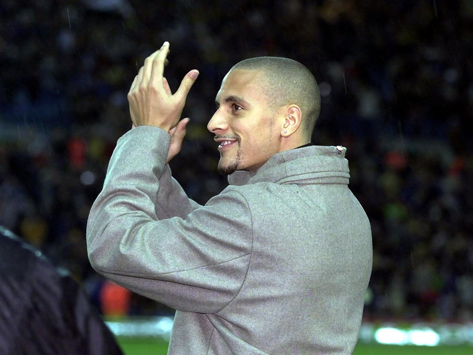 18 million signing Rio Ferdinand is introduced to the supporters at Elland Road before the FA Premiership match against Arsenal.